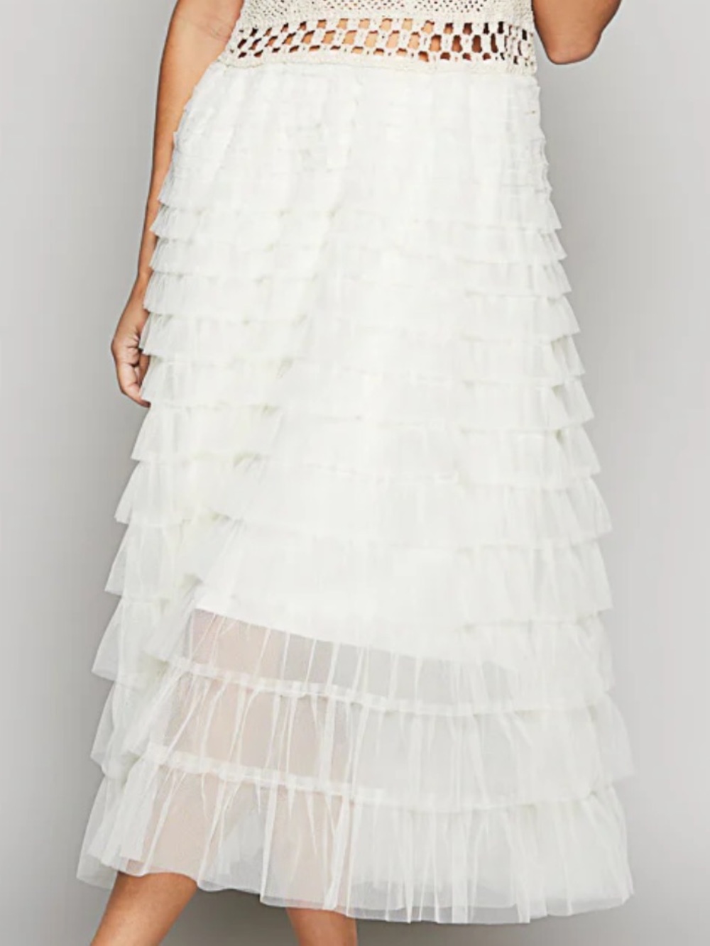 POL White Ecru Tulle Ruffled Midi Dress with Crochet Waist Top - Picture 3 of 15